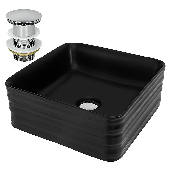 LuxeBath Aufsatzwaschbecken Quadratisch 39x39x15 cm Schwarz Ablaufgarnitur Chrom - Ohne Spezialglasur, Schwarz - Schwarzes, quadratisches Aufsatzwaschbecken mit Rillenstruktur und einem silberfarbenen Pop-Up-Ventil.