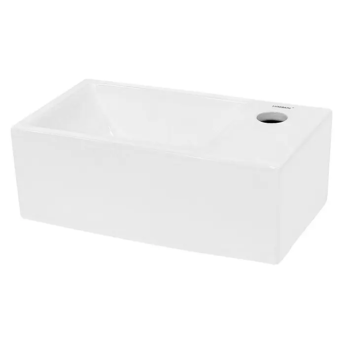 LuxeBath Aufsatzwaschbecken Aufsatzwaschtisch Waschschale Eckig Weiß Spülbecken - Ohne Spezialglasur, Weiß - Helles rechteckiges Waschbecken von Luxebath mit einem Hahnloch auf der rechten Seite.