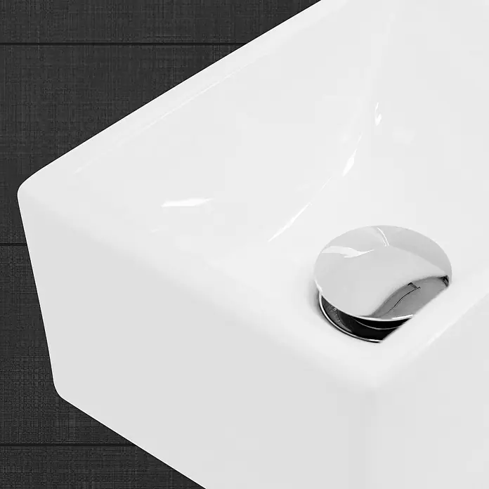 LuxeBath Aufsatzwaschbecken Aufsatzwaschtisch Waschschale Eckig Weiß Spülbecken - Ohne Spezialglasur, Weiß - Nahaufnahme eines modernen, eckigen Waschbeckens aus weißer Keramik mit einem runden, glänzenden Stöpsel, ideal für ein stilvolles Badezimmer.