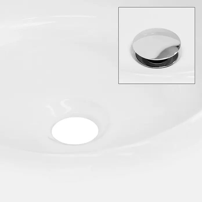 LuxeBath Aufsatzwaschbecken Aufsatzwaschtisch aus Keramik Waschtisch für Badezimmer und Gäste-WC - Ohne Spezialglasur, Weiß - Nahaufnahme eines Waschbeckens mit verchromtem Stopfen und Überlauf.