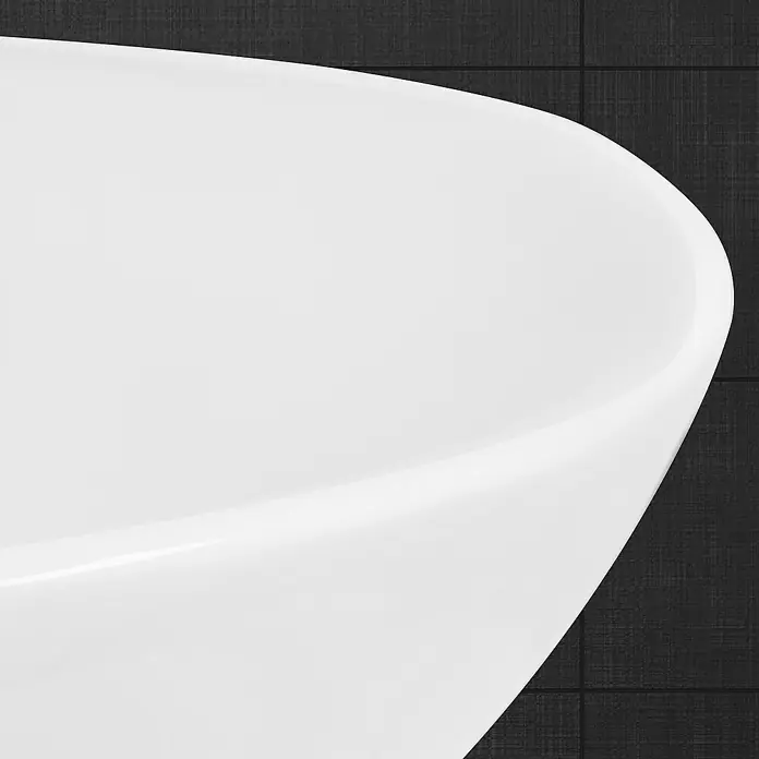 LuxeBath Aufsatzwaschbecken Aufsatzwaschtisch aus Keramik Waschtisch für Badezimmer und Gäste-WC - Ohne Spezialglasur, Weiß - Nahaufnahme einer modernen, weißen Badewanne vor einem dunklen Hintergrund, die das schlichte Design und die Eleganz hervorhebt.