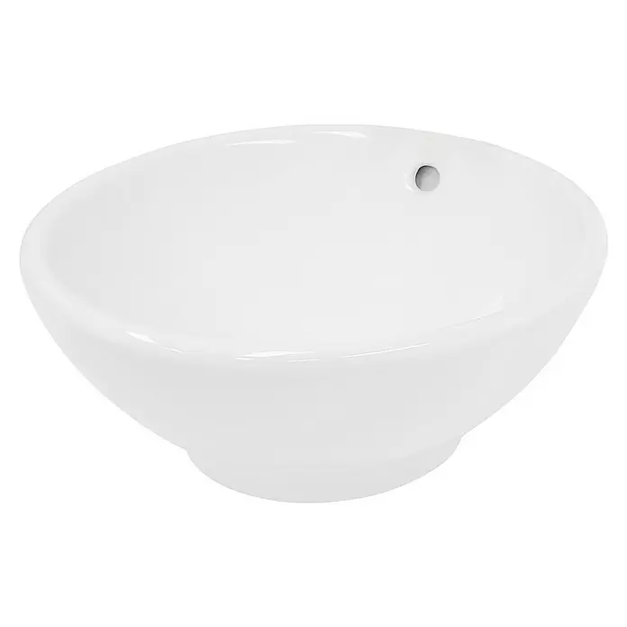 LuxeBath Aufsatzwaschbecken Aufsatzwaschtisch aus Keramik Waschtisch für Badezimmer und Gäste-WC - Ohne Spezialglasur, Weiß - Nahaufnahme eines weißen Keramikwaschbeckens mit einem Loch auf der rechten Seite, das sich ideal für Badezimmer eignet.