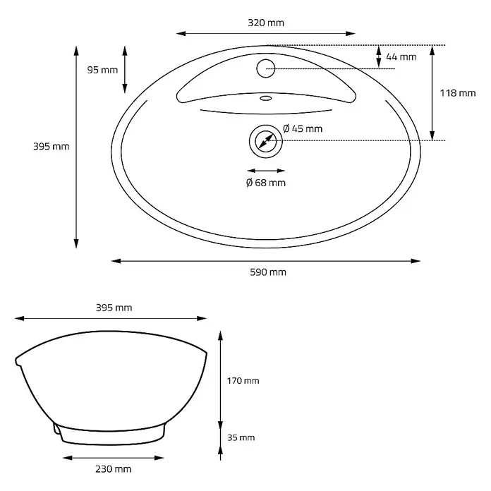 LuxeBath Aufsatzwaschbecken Handwaschbecken Weiß inkl. Ablaufgarnitur mit Überlauf - Ohne Spezialglasur, Weiß - Schema des Waschbeckens mit allen Maßen für die Installation. Das Waschbecken ist oval und hat einen Überlaufschutz.