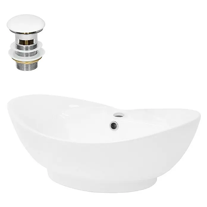 LuxeBath Aufsatzwaschbecken Handwaschbecken Weiß inkl. Ablaufgarnitur mit Überlauf - Ohne Spezialglasur, Weiß - Aufsicht auf ein modernes, weißes Aufsatzwaschbecken mit einem zugehörigen Ablaufventil für ein elegantes Badezimmerdesign.