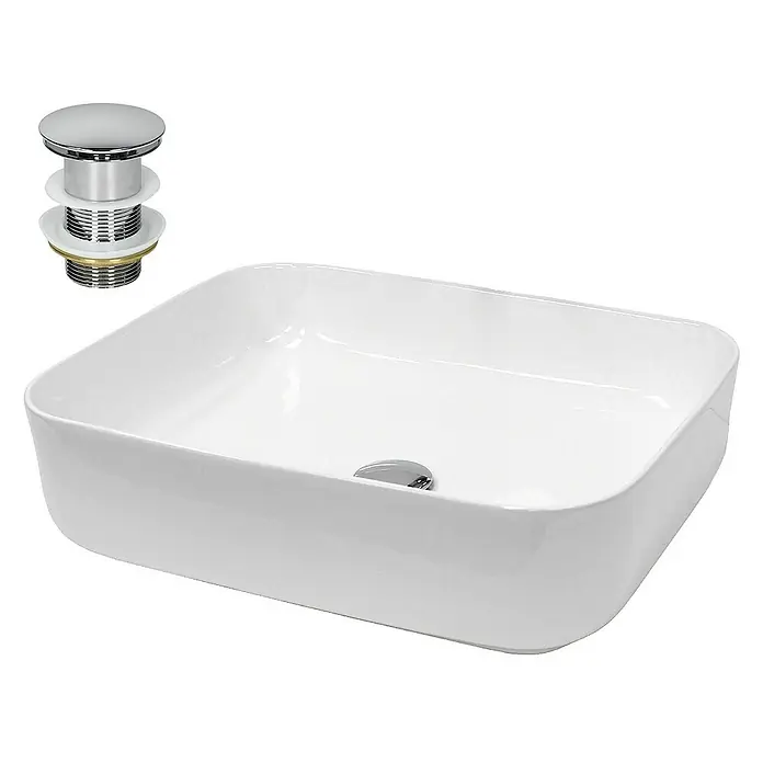 LuxeBath Aufsatzwaschbecken Aufsatzwaschtisch Weiß inkl. Ablaufgarnitur ohne Überlauf Waschschale - 39,5 x 50,5 cm, Ohne Spezialglasur, Weiß, Silber - Elegantes Aufsatzwaschbecken aus Keramik in Weiß mit passendem Ablaufventil für stilvolle Badezimmer.