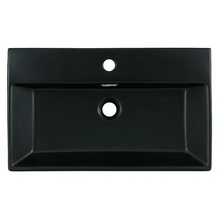 LuxeBath Aufsatzwaschbecken Handwaschbecken Schwarz inkl. Ablaufgarnitur mit Überlauf - Ohne Spezialglasur, Schwarz - Schwarzes Waschbecken mit rechteckiger Form, mit Hahnloch und Überlauf, ideal für moderne Badezimmer.