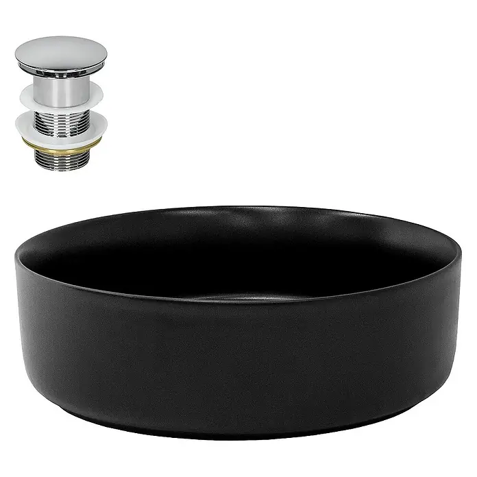 LuxeBath Aufsatzwaschbecken Aufsatzwaschtisch Handwaschbecken inkl. Ablaufgarnitur ohne Überlauf - Ohne Spezialglasur, Schwarz, Silber - Schwarzes Aufsatzwaschbecken mit Chrom-Ablaufgarnitur für ein modernes Badezimmerdesign. Elegante Keramik für stilvolle Waschbereiche.
