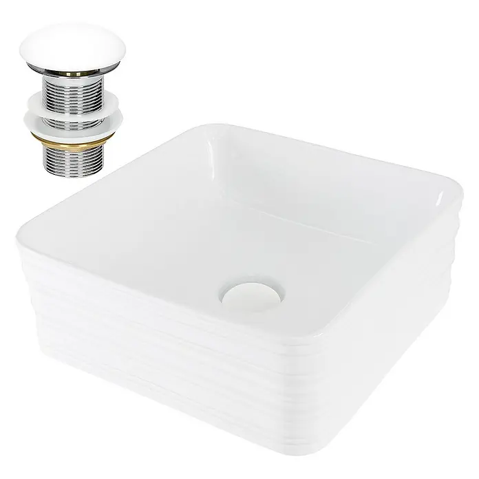 LuxeBath Aufsatzwaschbecken Waschtisch Aufsatzwaschbecken aus Keramik für Badezimmer / Gäste-WC - Ohne Spezialglasur, Weiß - Elegantes Aufsatzwaschbecken aus Keramik in Weiß mit passendem Ablaufventil für moderne Badezimmer.