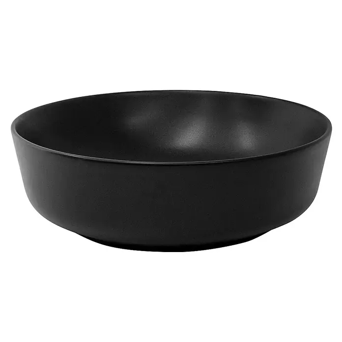 LuxeBath Aufsatzwaschbecken Aufsatzwaschtisch Handwaschbecken Waschplatz Rund - 41,5 x 41,5 cm, Ohne Spezialglasur, Schwarz - Nahaufnahme einer leeren, mattschwarzen Schale, ideal für Küche und Tisch, die elegante Schlichtheit und Funktionalität vereint.