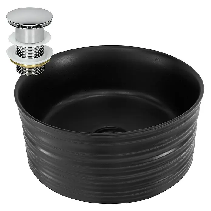 LuxeBath Aufsatzwaschbecken aus Keramik Waschtisch für Badezimmer und Gäste-WC - Ohne Spezialglasur, Schwarz, Silber - Schwarzes Waschbecken mit spiralförmigen Rillen an der Außenseite und einem Chromablaufstöpsel.