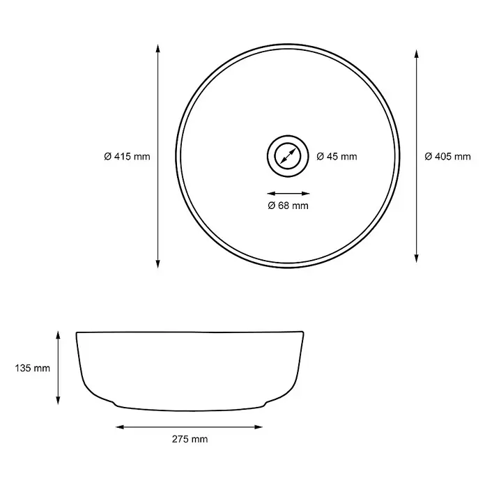 LuxeBath Aufsatzwaschbecken Aufsatzwaschtisch Handwaschbecken Waschplatz Rund - 41,5 x 41,5 cm, Ohne Spezialglasur, Schwarz - Produktansicht: Waschbecken mit den Maßen Ø 415 mm, Ø 405 mm, Ø 45 mm, Ø 68 mm, 135 mm und 275 mm zur präzisen Planung Ihres Badezimmers.