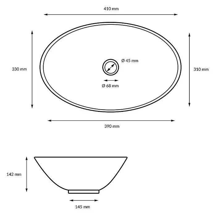 LuxeBath Aufsatzwaschbecken Aufsatzwaschtisch Waschschale Oval Weiß Spülbecken - Ohne Spezialglasur, Weiß - Eine technische Zeichnung eines ovalen Waschbeckens mit Maßangaben zu Durchmesser und Höhe.