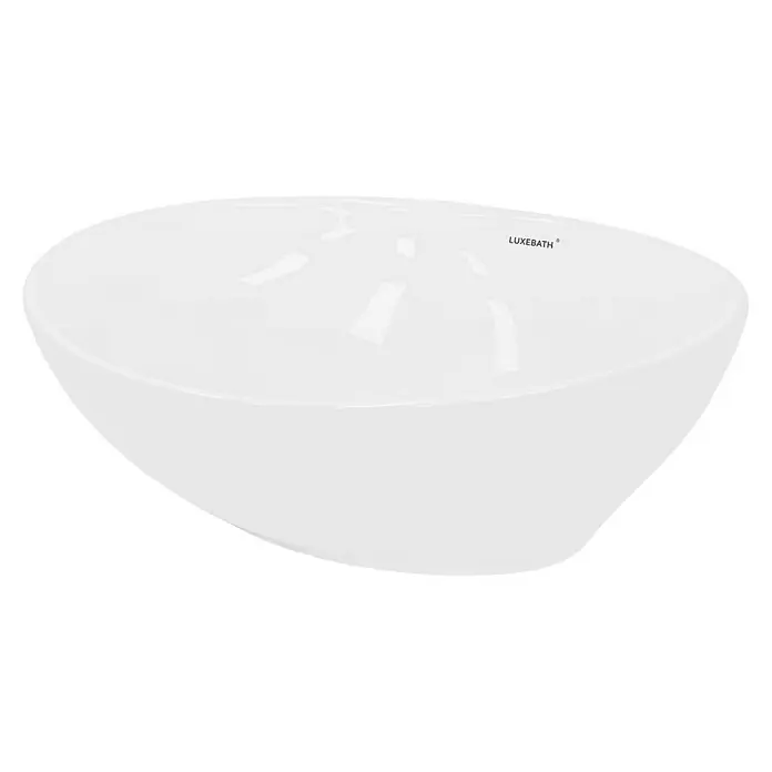 LuxeBath Aufsatzwaschbecken Aufsatzwaschtisch Waschschale Oval Weiß Spülbecken - Ohne Spezialglasur, Weiß - Nahaufnahme eines modernen, weißen Luxebath Waschbeckens mit glänzender Oberfläche und elegantem Design.