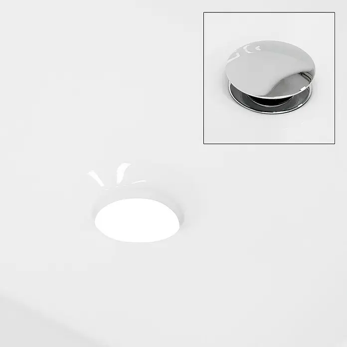 LuxeBath Aufsatzwaschbecken Aufsatzwaschtisch Waschschale Oval Weiß Spülbecken - Ohne Spezialglasur, Weiß - Detailaufnahme eines Waschbeckenstöpsels aus Chrom, mit Fokus auf Design und Material. Ein glänzendes und funktionales Badezimmeraccessoire.