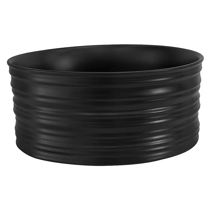 LuxeBath Aufsatzwaschbecken Rund Ø41x18 cm Schwarz ohne Ablaufgarnitur - Ohne Spezialglasur, Schwarz - Schwarzer, gerippter Übertopf für Pflanzen. Das Pflanzgefäß hat eine runde Form und ist ideal für den Innenbereich.