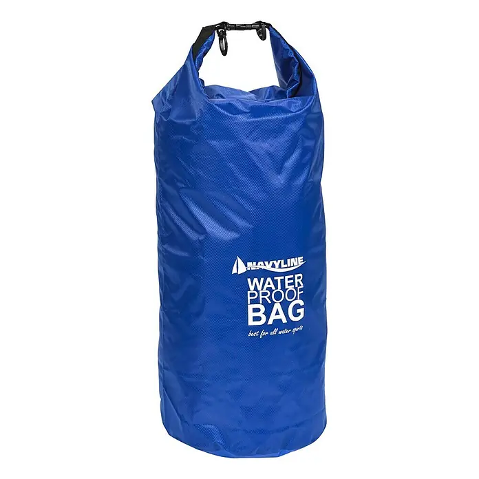 Navyline Drybag - 30 l, Blau - Blaue wasserdichte Tasche mit der Aufschrift "NAVYLINE WATER PROOF BAG" für Wassersportarten.