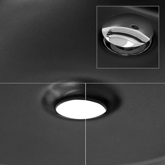 LuxeBath Aufsatzwaschbecken Waschtisch aus Keramik für Badezimmer / Gäste-WC - Ohne Spezialglasur, Schwarz - Nahaufnahme eines schwarzen Waschbeckens mit Chrom-Ablaufgarnitur und geöffnetem Abfluss. Elegantes Design für moderne Badezimmer.