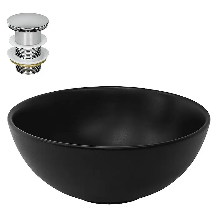 LuxeBath Aufsatzwaschbecken Aufsatzwaschtisch Spülbecken inkl. Ablaufgarnitur ohne Überlauf Becken - Ohne Spezialglasur, Schwarz, Silber - Schwarzes Aufsatzwaschbecken mit Ablaufgarnitur für ein modernes Badezimmerdesign.