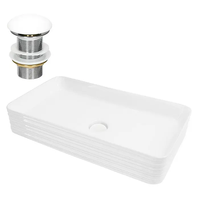 LuxeBath Aufsatzwaschbecken Handwaschbecken Weiß inkl. Ablaufgarnitur ohne Überlauf - Ohne Spezialglasur, Weiß - Rechteckiges, weißes Aufsatzwaschbecken mit passendem Pop-Up-Ablaufventil für stilvolle Badezimmer.