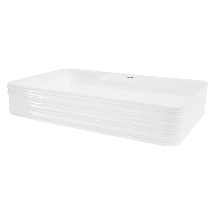 LuxeBath Aufsatzwaschbecken Waschtisch aus Keramik für Badezimmer / Gäste-WC - Ohne Spezialglasur, Weiß - Diese Aufnahme zeigt ein rechteckiges, weißes Waschbecken mit gerippten Seiten. Das Waschbecken ist modern und elegant gestaltet.