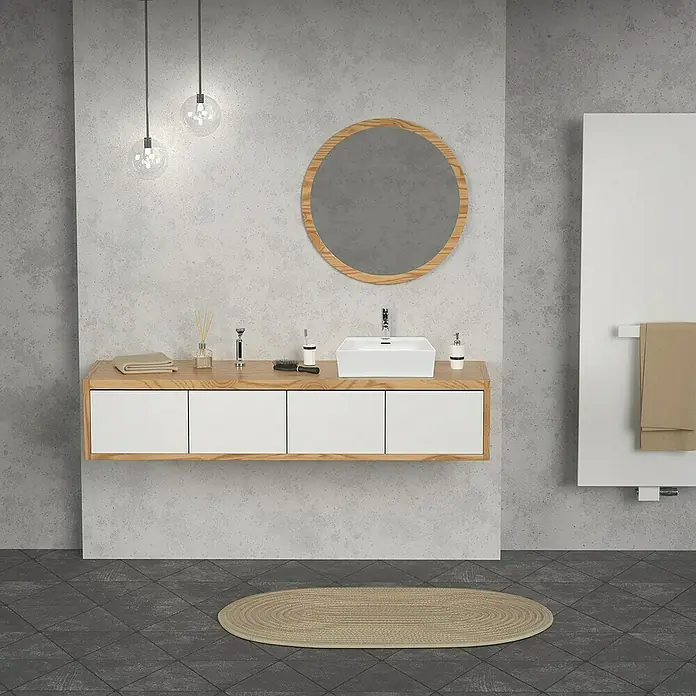 LuxeBath Aufsatzwaschbecken Aufsatzwaschtisch Waschschale Eckig Weiß Spülbecken - Ohne Spezialglasur, Weiß - Helles Badezimmer mit Waschtischunterschrank in Holzoptik und weißen Fronten, dazu ein runder Spiegel und moderne Pendelleuchten für ein stilvolles Ambiente.