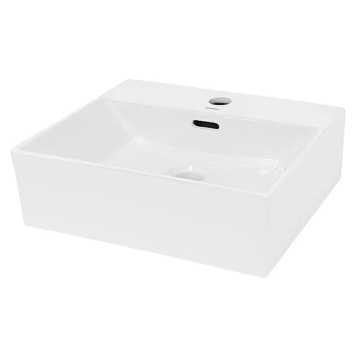 LuxeBath Aufsatzwaschbecken Aufsatzwaschtisch Waschschale Eckig Weiß Spülbecken - Ohne Spezialglasur, Weiß - Nahaufnahme eines modernen, eckigen Waschbeckens aus weißer Keramik mit Überlauf und Hahnloch.