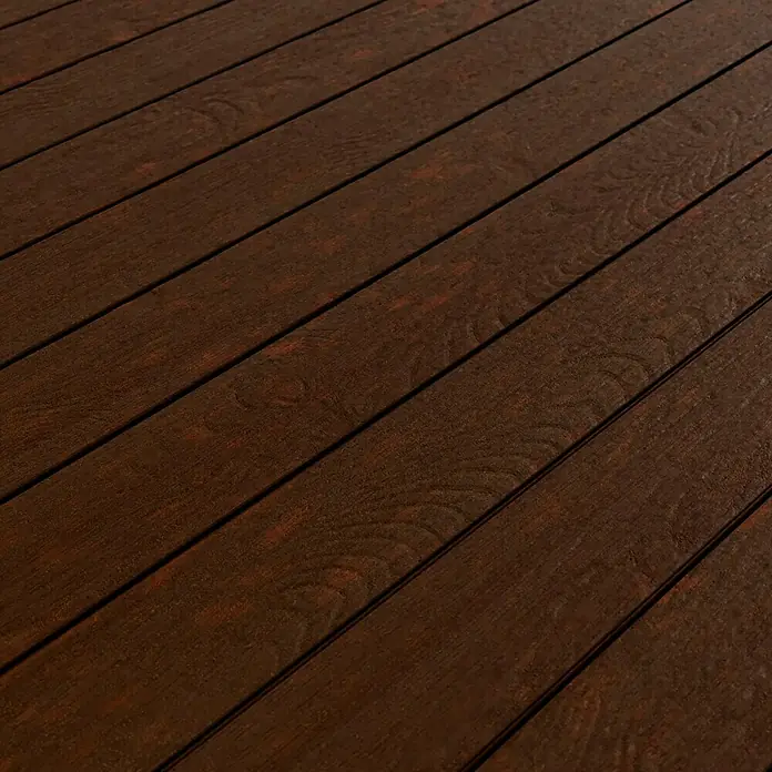Kovalex WPC-Terrassendiele Massiv mit Struktur nach Maß - Walnuss, 500 x 14,5 x 2 cm - Nahaufnahme von dunkelbraunem, horizontal verlegtem Holzterrasse, das ein Gefühl von Wärme und Rustikalität vermittelt.\n