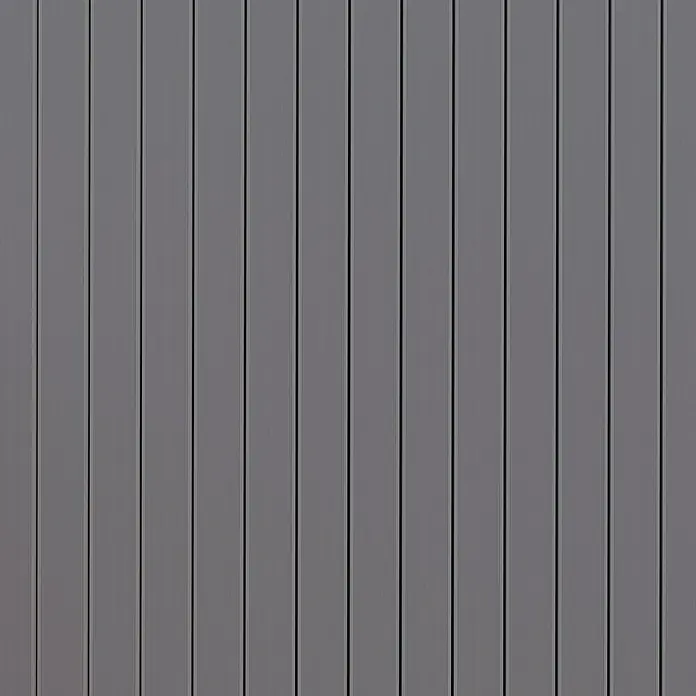 Kovalex WPC-Terrassendiele Massiv mit Struktur nach Maß - Grau, 590 x 14,5 x 2 cm - Graue Holzpaneele mit schmalen, dunklen Fugen erzeugen eine moderne, minimalistische Wand- oder Bodenverkleidung. Das Material wirkt robust und stilvoll.