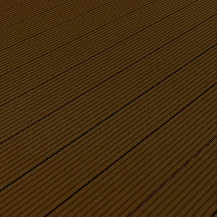 Kovalex WPC-Terrassendiele Exklusiv nach Maß - Walnuss, 480 x 14,5 x 2,6 cm - Detailaufnahme von Terrassendielen aus braunem WPC mit feiner Rillenstruktur für den Außenbereich. Robust und langlebig.