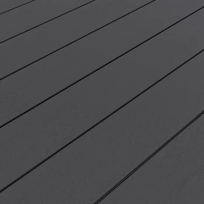 Kovalex WPC-Terrassendiele XL mit Struktur nach Maß - Steingrau, 370 x 19 x 2 cm - Bild einer stilvollen, grauen Holzterrasse. Das Bild zeigt die feine Maserung und die moderne Farbgebung des hochwertigen Terrassenmaterials.