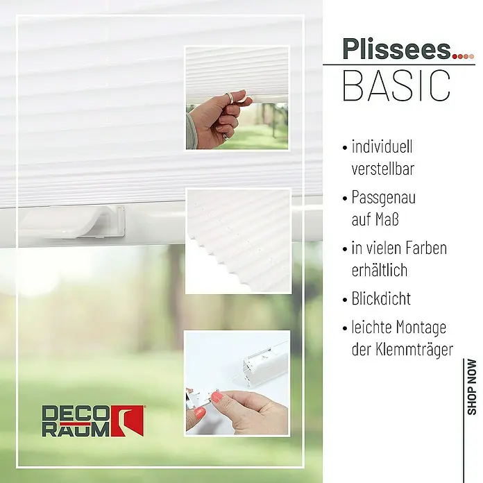 Deco-Raum Plissee ohne Bohren Basic - B x H: 55 x 150 cm, Weiß - Bild von Plissee BASIC, individuell verstellbar, passgenau auf Maß, in vielen Farben erhältlich, blickdicht, leichte Montage der Klemmträger.