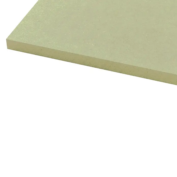 Tablero de MDF hidrófugo - Natural, 207 cm x 73 cm x 10 mm - Primer plano de una placa de espuma rígida de poliuretano, mostrando una superficie lisa y una estructura celular visible en el borde.