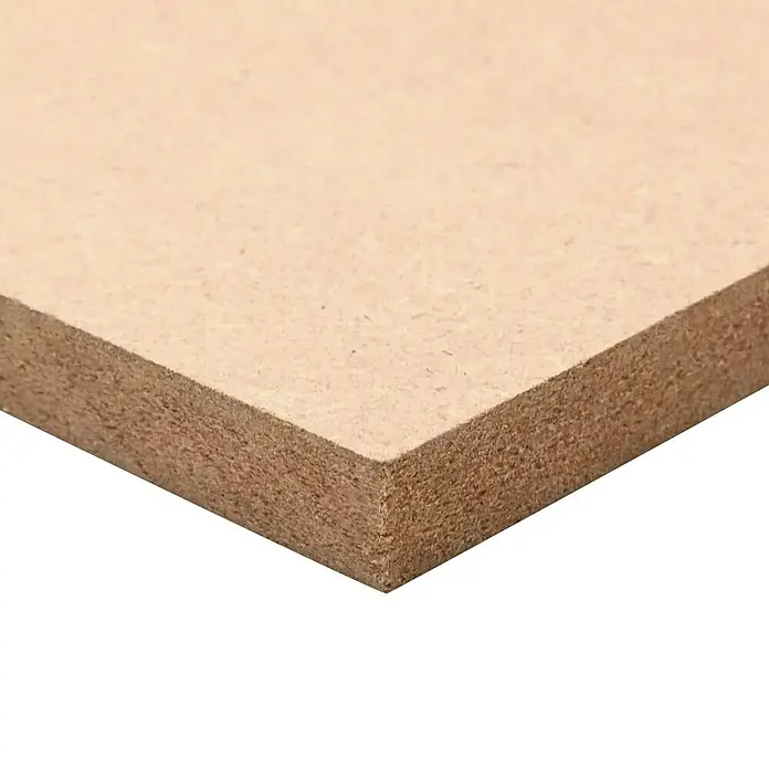 Tablero de MDF - 207 cm x 73 cm x 12 mm - Primer plano de una plancha de fibra de madera de densidad media (MDF), que muestra su superficie lisa y su estructura densa. Ideal para muebles y manualidades.
