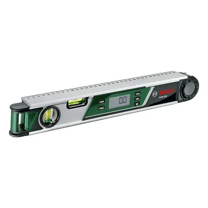Bosch Goniómetro PAM 220 - Gama de medición: 0 - 220°, Número de niveles de burbuja: 2 ud. - La imagen muestra un nivel digital Bosch PAM 220, utilizado para mediciones precisas y nivelación en construcción y bricolaje.