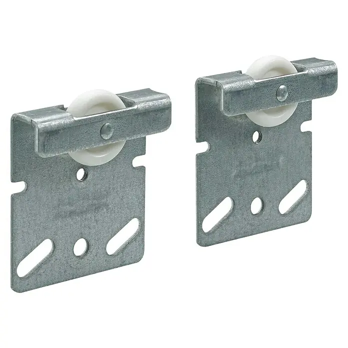 Hettich Rollapparat Ersatzlaufteil TopLine 2 - Traglast: 25 kg, Passend für: Hettich Doppellaufprofil TopLine 2, 2 Stk. - Zwei Rollapparate für Schiebetüren im Detail, mit weißer Rolle und Metallgehäuse für reibungslose Bewegung.
