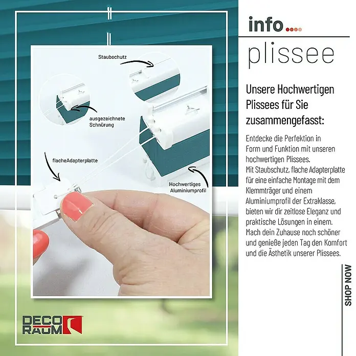 Deco-Raum Plissee ohne Bohren Basic - B x H: 120 x 150 cm, Petrol - Nahaufnahme von hochwertigen Plissees mit Staubschutz und flacher Adapterplatte für eine einfache Montage.