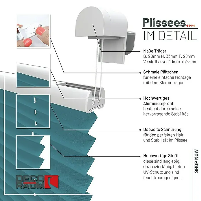 Deco-Raum Plissee ohne Bohren Basic - B x H: 70 x 150 cm, Petrol - Detailansicht eines Plissees mit Erläuterungen zu Trägern, Plättchen, Profil, Schnüren und Stoffen.