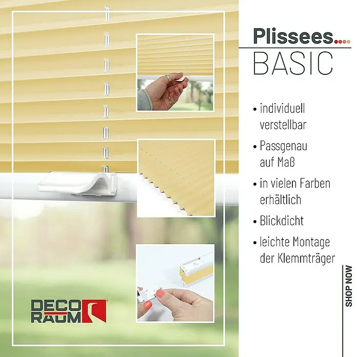 Deco-Raum Plissee ohne Bohren Basic - B x H: 40 x 150 cm, Hellorange - Nahaufnahme eines gelben Plissees BASIC mit Details zur Bedienung und Montage, umgeben von einem dekorativen Rahmen.
