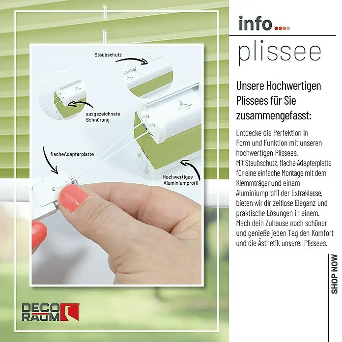 Deco-Raum Plissee ohne Bohren Basic - B x H: 105 x 150 cm, Hellgrün - Nahaufnahme eines hochwertigen Plissees mit Staubschutz, flacher Adapterplatte und Aluminiumprofil für einfache Montage.