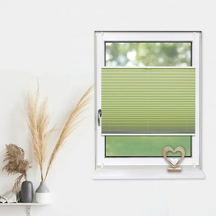 Deco-Raum Plissee ohne Bohren Basic - B x H: 105 x 150 cm, Hellgrün - Fenster mit einem grünen Faltrollo für eine angenehme Lichtregulierung und Privatsphäre im Raum. Stilvolle Fensterdekoration mit praktischem Nutzen.