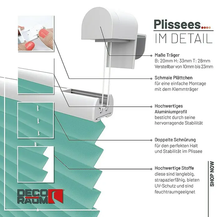 Deco-Raum Plissee ohne Bohren Basic - B x H: 75 x 210 cm, Türkis - Nahaufnahme eines türkisfarbenen Plissees mit Details zu Trägern, Plättchen, Aluminiumprofil, Schnürung und Stoff.