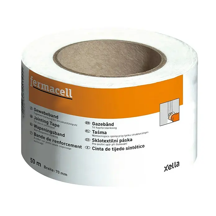 Fermacell Gewebeband - 50 m x 70 mm - Bild einer Rolle Fermacell Jointing Tape, ein Gewebeband zur Fugenverstärkung, 50 m lang und 70 mm breit.