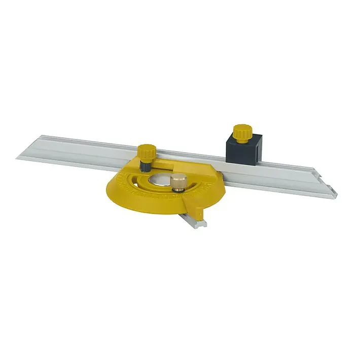 Proxxon Tischkreissäge FET - 200 W, Durchmesser Sägeblatt: 50 mm - 85 mm - Ein gelber Gehrungsanschlag mit einer silbernen Schiene und einem schwarzen Anschlagblock, ideal für präzise Holzarbeiten.