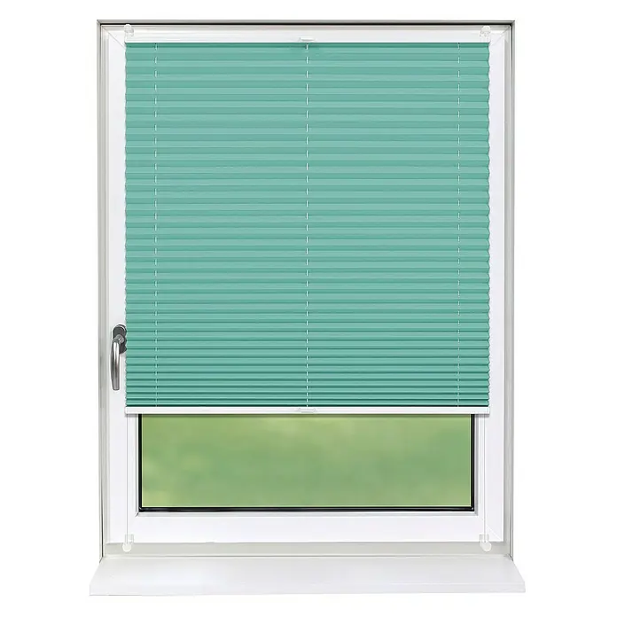 Deco-Raum Plissee ohne Bohren Basic - B x H: 105 x 150 cm, Türkis - Helle, mintgrüne Plissee-Jalousie im Fenster. Die Jalousie bietet einen schönen Sichtschutz und lässt dennoch Licht durch.