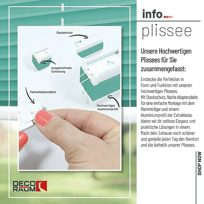 Deco-Raum Plissee ohne Bohren Basic - B x H: 80 x 150 cm, Türkis - Produktbild eines hochwertigen Plissees mit Staubschutz, flacher Adapterplatte und ausgezeichneter Schnürung für eine einfache Montage.