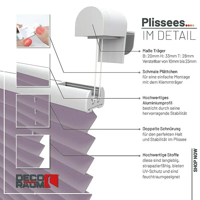 Deco-Raum Plissee ohne Bohren Basic - B x H: 85 x 210 cm, Flieder - Detailaufnahme eines lila Plissees mit Erklärungen zu Träger, Plättchen, Profil, Schnürung und Stoffqualität.