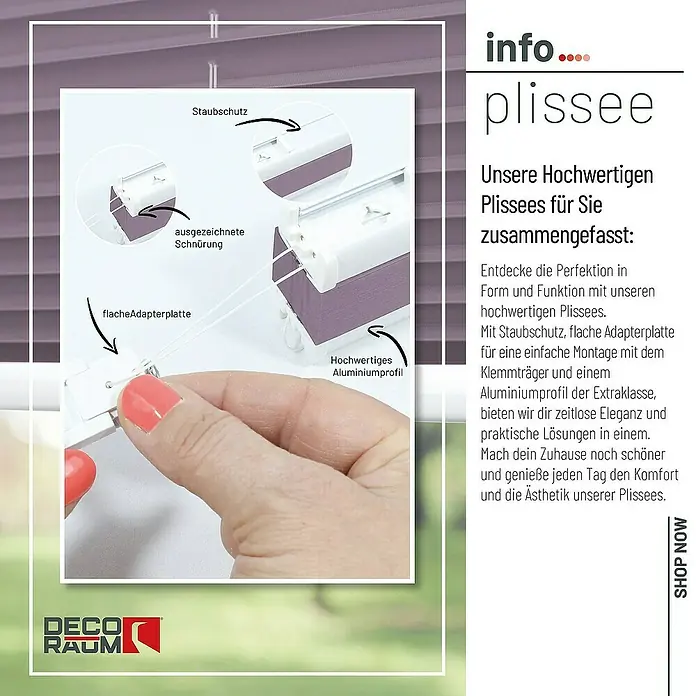 Deco-Raum Plissee ohne Bohren Basic - B x H: 85 x 210 cm, Flieder - Detailaufnahme eines hochwertigen Plissees mit Staubschutz, flacher Adapterplatte und Aluminiumprofil für einfache Montage.