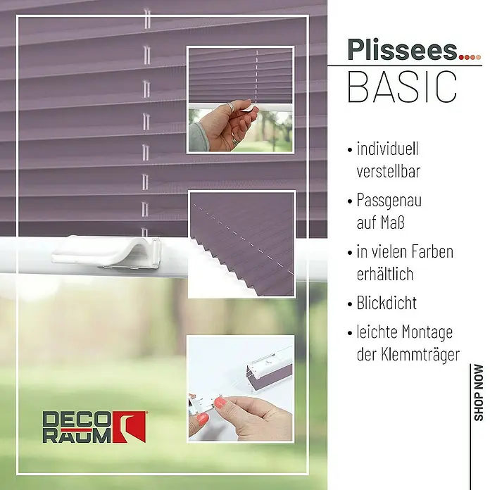 Deco-Raum Plissee ohne Bohren Basic - B x H: 85 x 210 cm, Flieder - Das Bild zeigt ein Plissee Basic in einem zarten Lilaton. Es ist individuell verstellbar und in vielen Farben erhältlich.