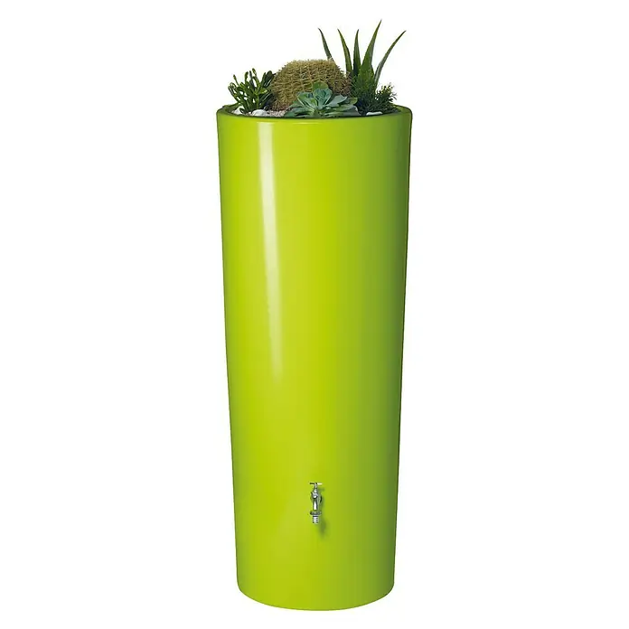 Garantia Modern Line Regenspeicher Color 2 in 1 - 350 l, Apple - Grüner Pflanzkübel mit Sukkulenten und Kaktus oben, ideal für drinnen und draußen, mit praktischem Wasserhahn zur einfachen Bewässerung.