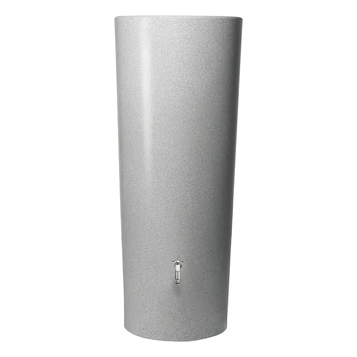 Garantia Modern Line Regenspeicher Stone 2 in 1 - 350 l, Silver - Ein schlanker, grauer Regenwassertank mit einem Hahn an der Vorderseite, ideal für die Gartenbewässerung und zur Wassereinsparung.